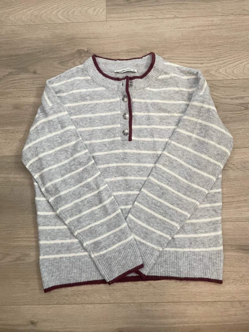Abercrombie & Fitch Gray & White Striped Henley Sweater with Burgundy Trim